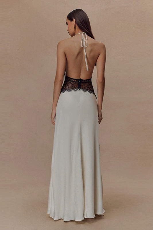 Satin Deep V-Neck Halter Lace Waist Panel Maxi Gown