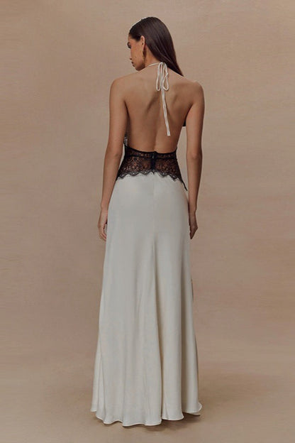 Satin Deep V-Neck Halter Lace Waist Panel Maxi Gown