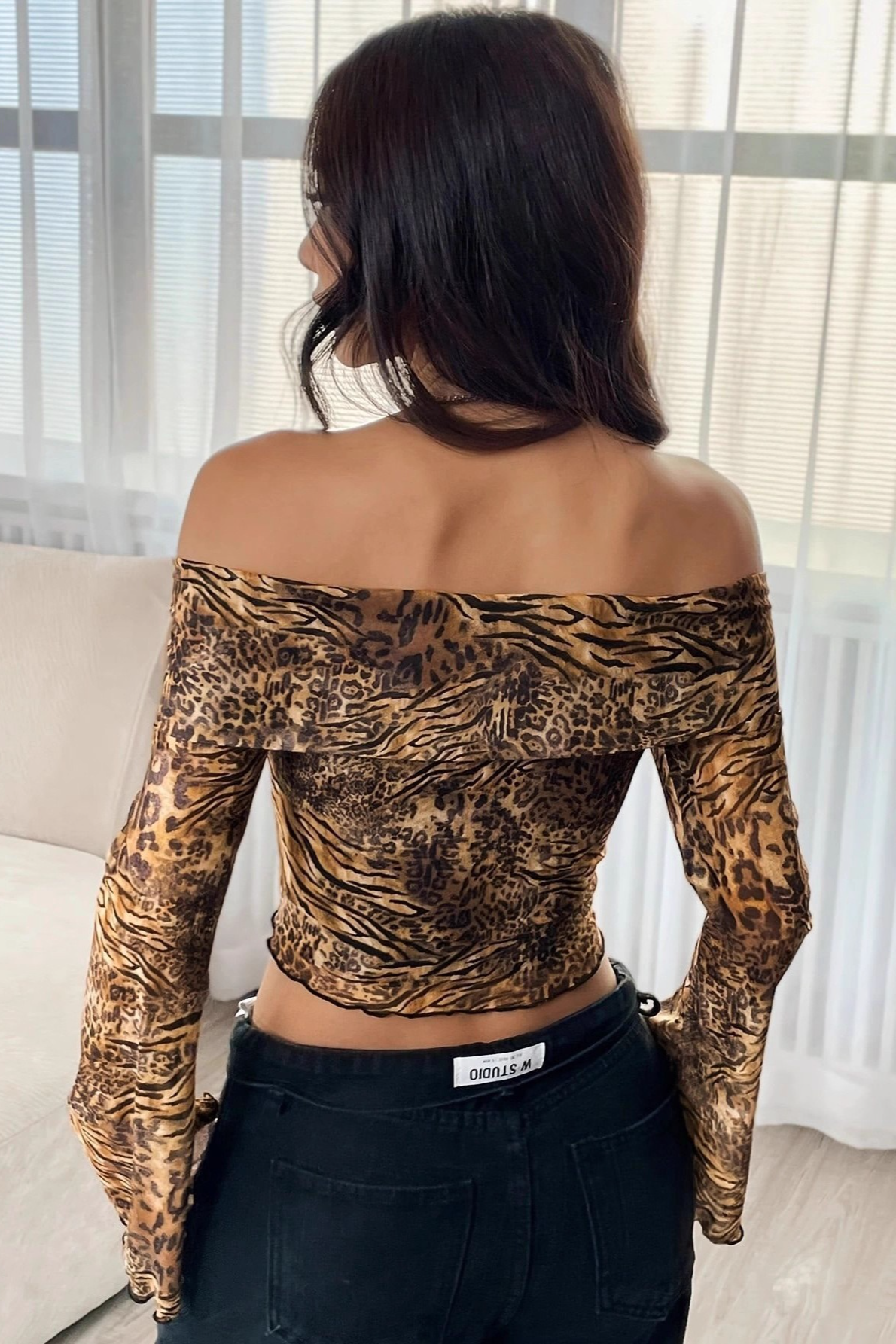 Leopard Mesh Off Shoulder Backless Flare Sleeve Crop Top