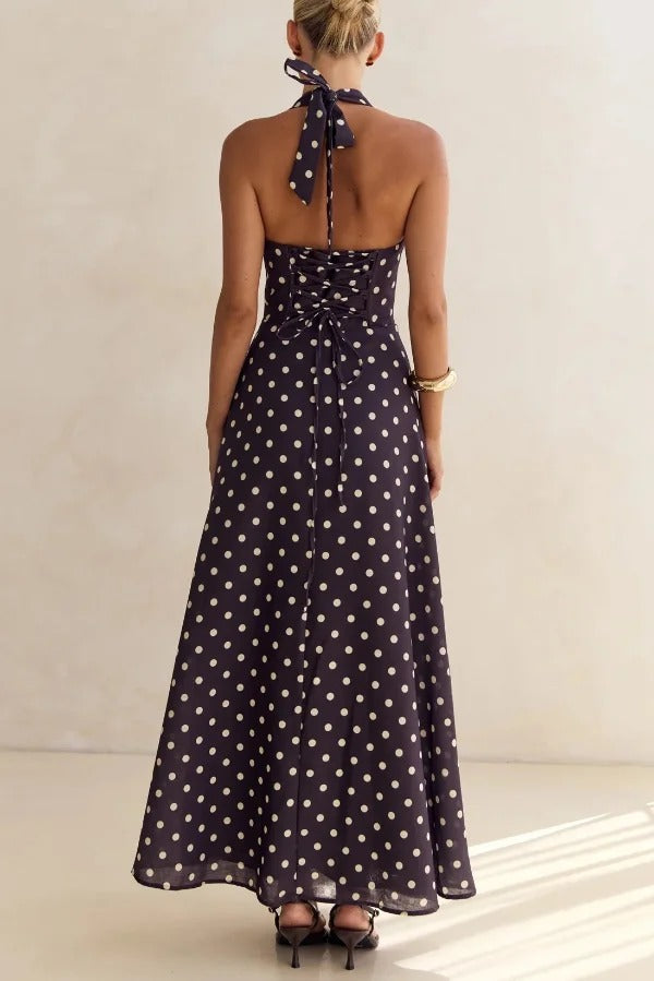 Floral Print V-neck Backless Tie-up Fitted Waist Elegant Maxi Dress