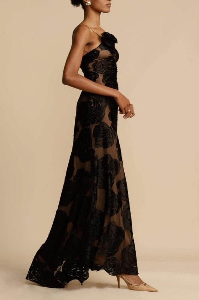 Burnout Spaghetti Strap Asymmetric Floral Formal Dress