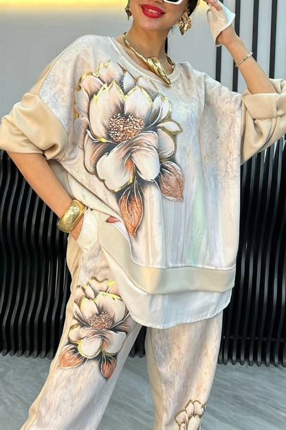 Chinese Style Floral Print Two Piece Set Mock Neck Batwing Top & Jogger Pants Co-Ord