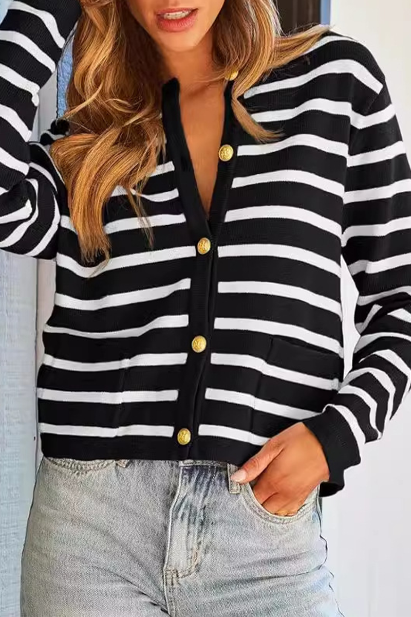 Casual Daily Stripe Buttons Weave O Neck Outerwear