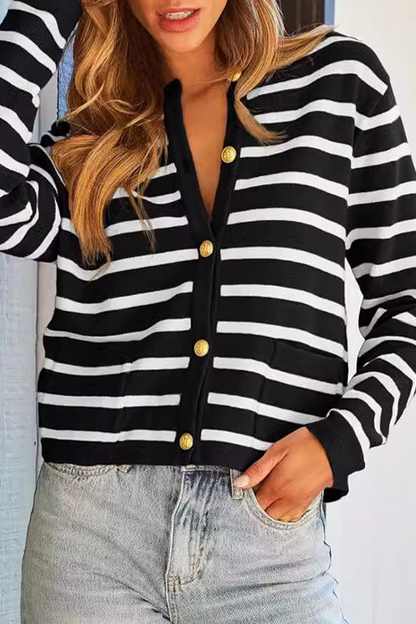 Casual Daily Stripe Buttons Weave O Neck Outerwear