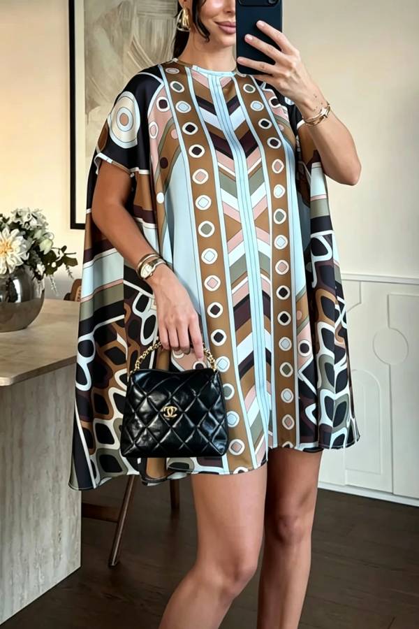 Jaylene Satin Unique Artistic Print Short Sleeve Loose-fitting Mini Dress