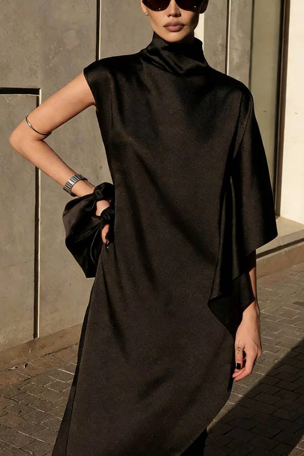 Kallena Satin High Neck Irregular Sleeves Midi Top and High Rise Pocket Loose Pants Set