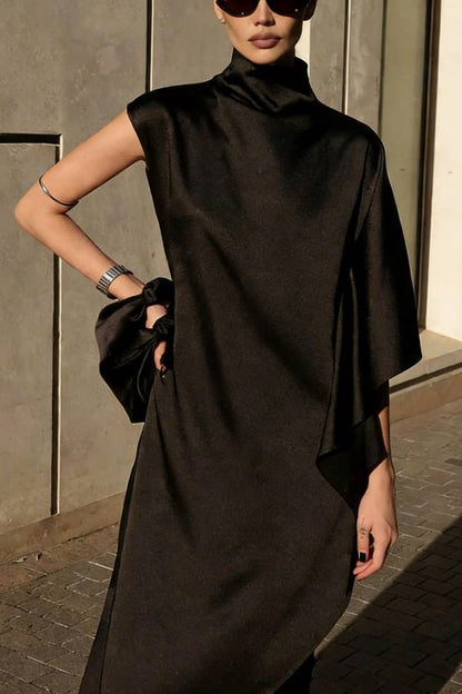 Kallena Satin High Neck Irregular Sleeves Midi Top and High Rise Pocket Loose Pants Set
