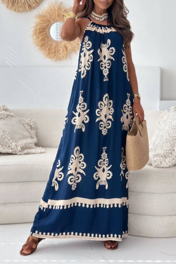 Boho Geometric Print Halter Maxi Dress