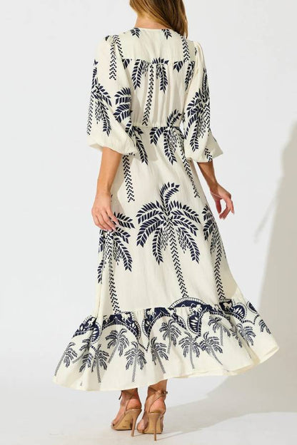 Tropical Palm Print V-Neck Waisted Maxi Dress