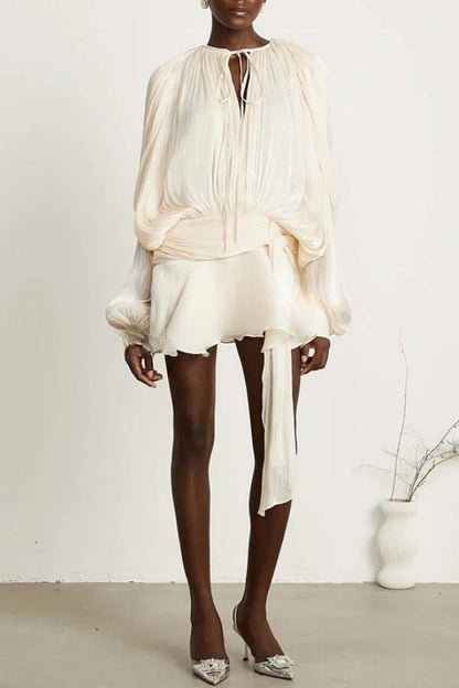 Ninah Glitter Fabric Pleated Balloon Sleeve Tiered Ruffle Hem Mini Dress