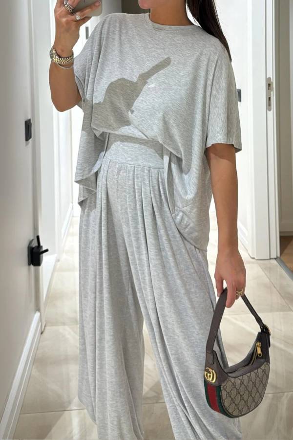 Light Grey Casual Top and Wide-leg Pants Set