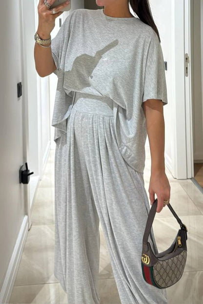 Light Grey Casual Top and Wide-leg Pants Set