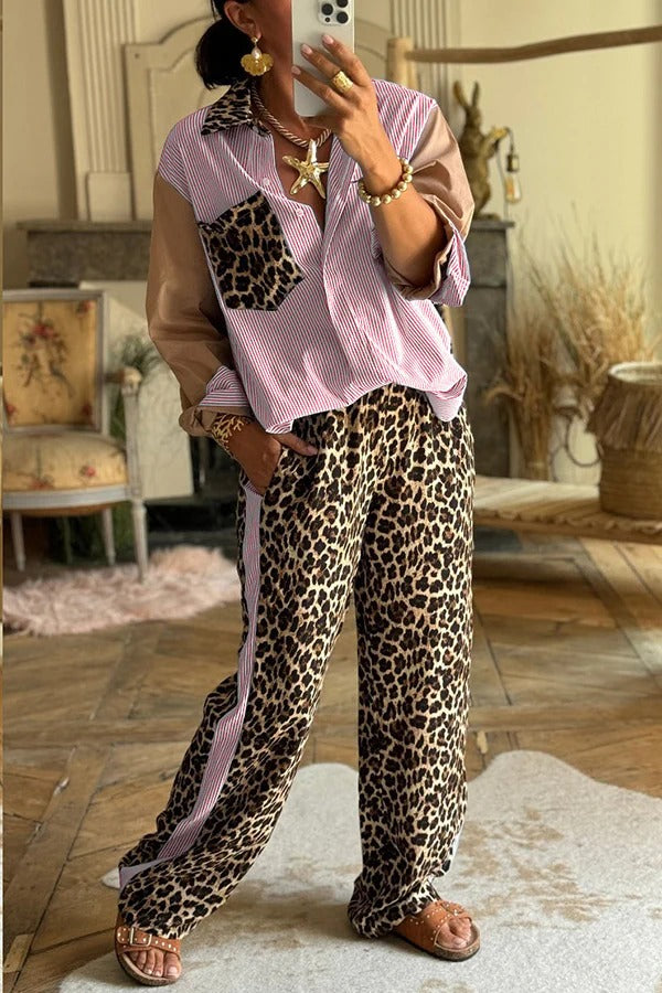 Solid Color Hollow Lace Lapel Short-sleeved Top and Elastic Waist Loose Pocket Pants Set