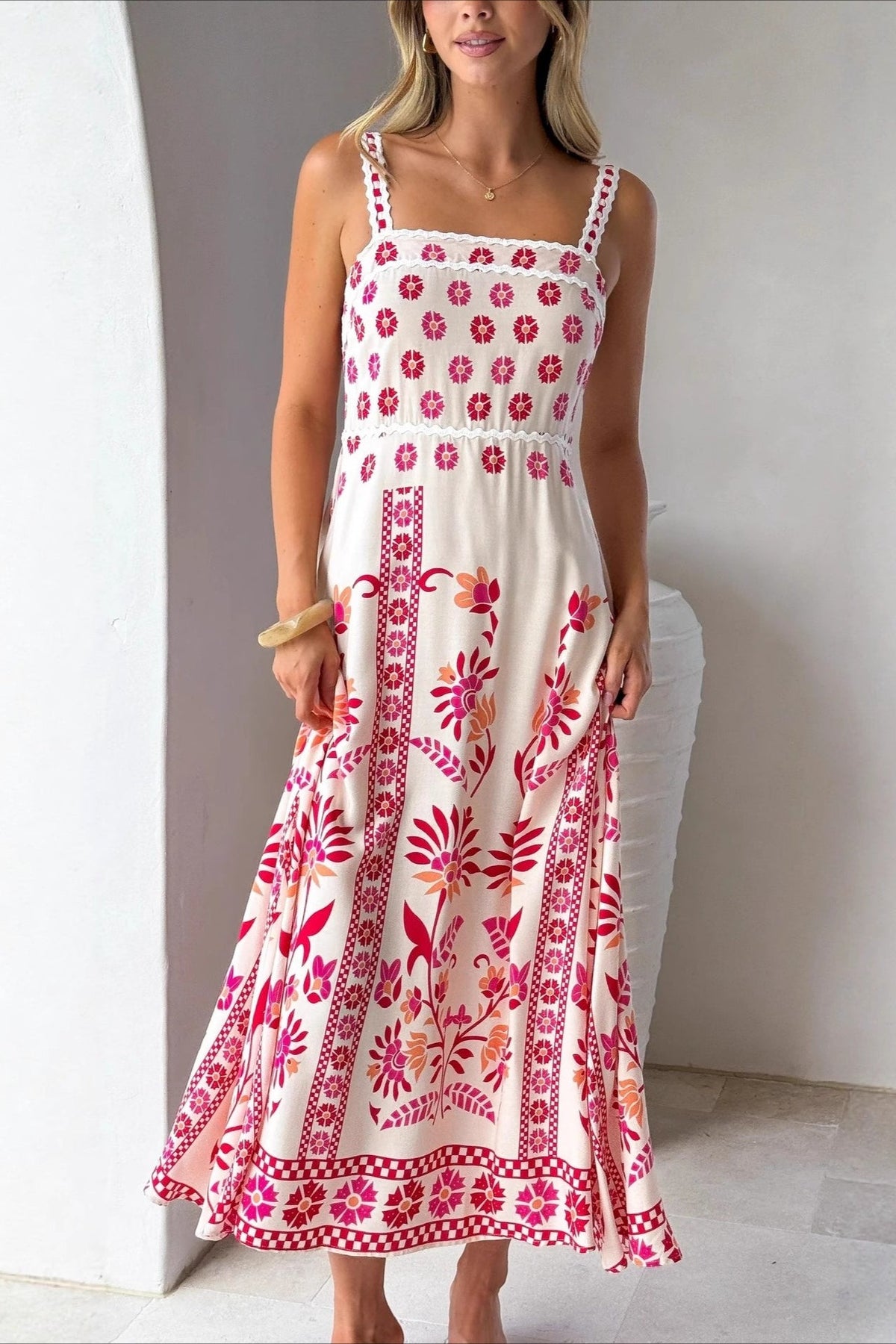 Linen Lace Trim Spaghetti Strap Boho Dress