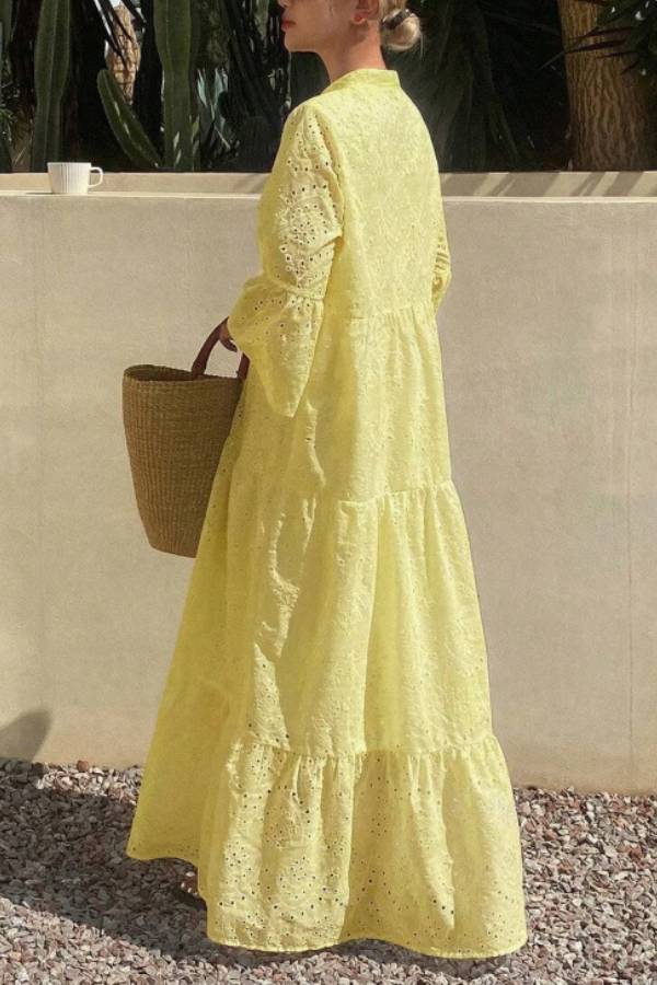 Stand‑Collar Eyelet Embroidery Ruffle Sleeve Tiered Maxi Dress