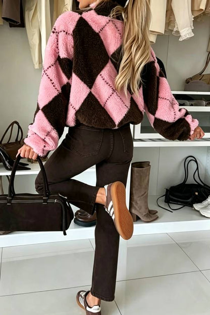 Rhomboid Geometric Pattern Teddy Bear Fleece Material Contrast Color Long Sleeve Pocket Zipper Coat