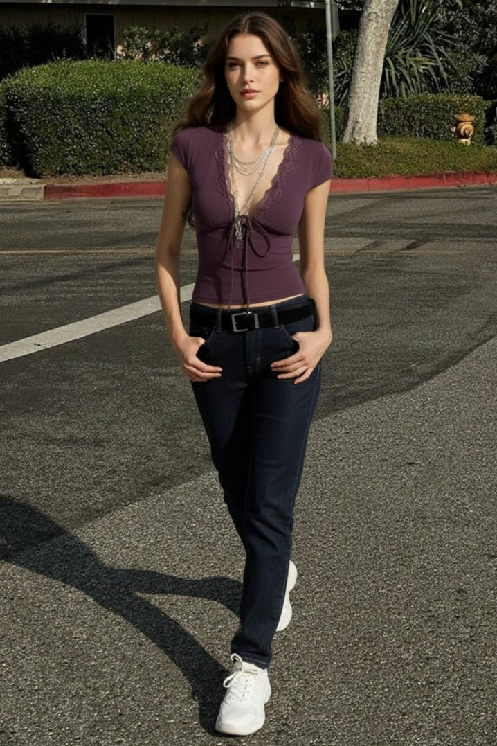 Lace Trim Tie Front Top