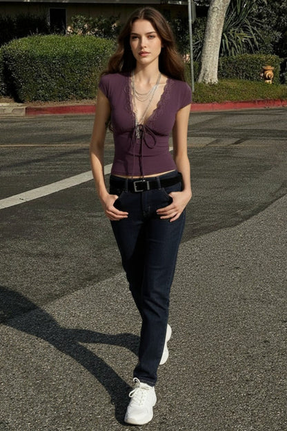 Lace Trim Tie Front Top