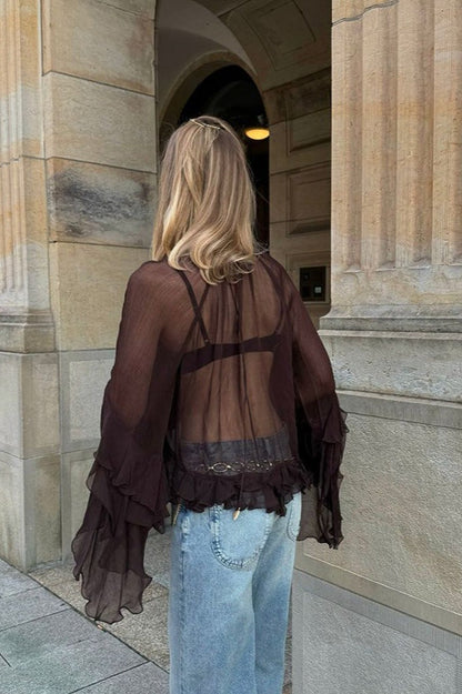 Flared Sleeve Chiffon Ruffle Detail Blouse