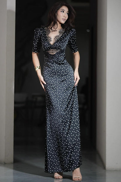 Lace Trim V-Neck Polka Dot Fit Floor Lace Dress