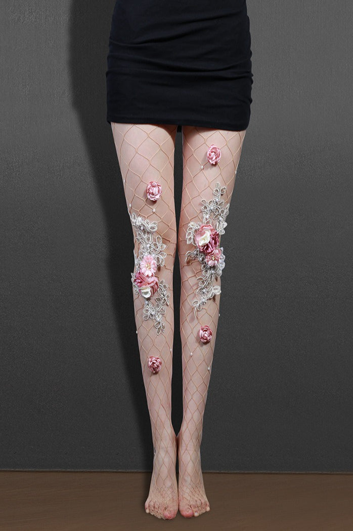 Embroidered Flower Pearl Nude Fishnet Tights