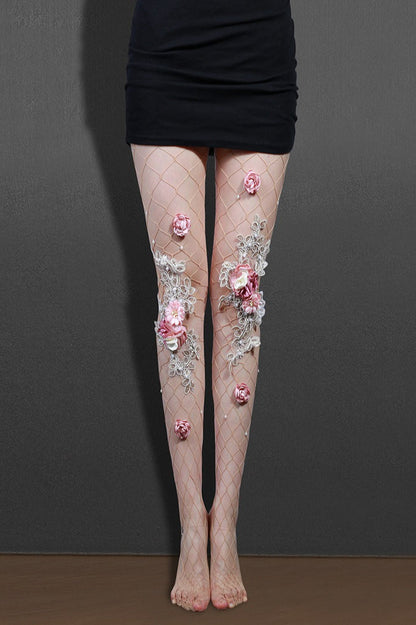 Embroidered Flower Pearl Nude Fishnet Tights