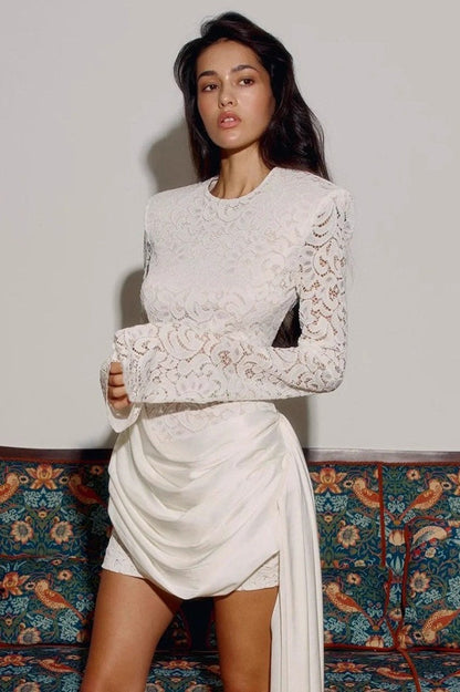 Lace Long Sleeve Crew Neck Satin Drape Ruched Panel Mini Dress