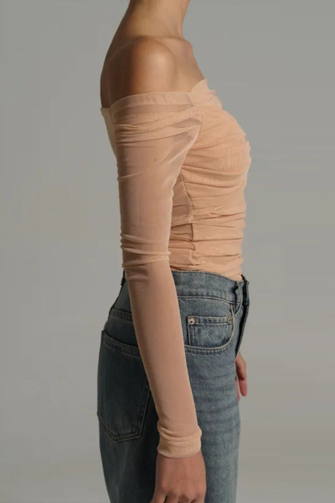 Off Shoulder Sheer Mesh Bodycon Long Sleeve Tee