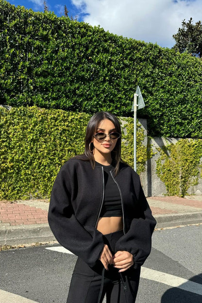 Faux Wool Short Zip Bomber Jacket