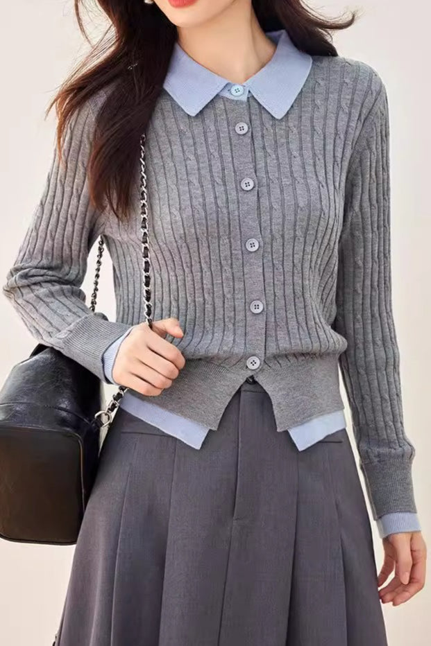 Ribbed Polo Layered Cardigan