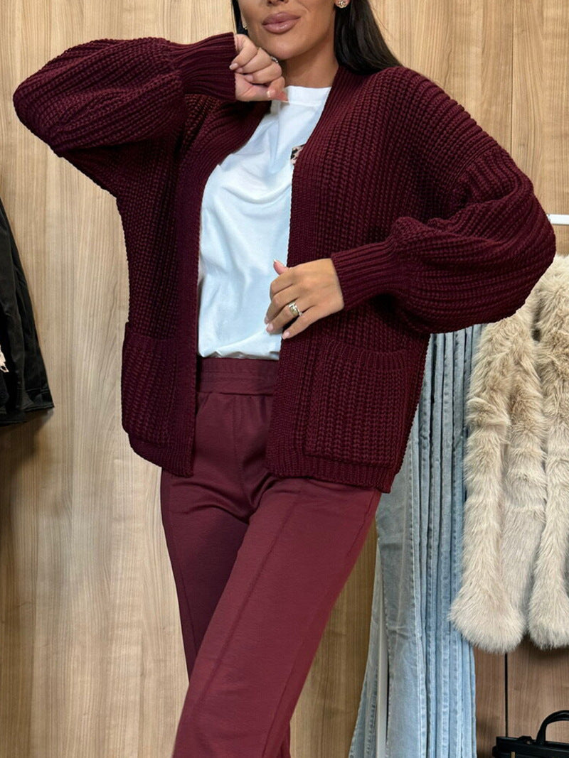 Solid Color V-neck Long-sleeved Casual Knitted Cardigan