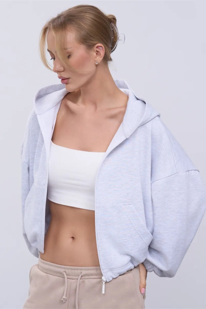 Cropped Fleece Zip Adjustable Waist Hoodie
