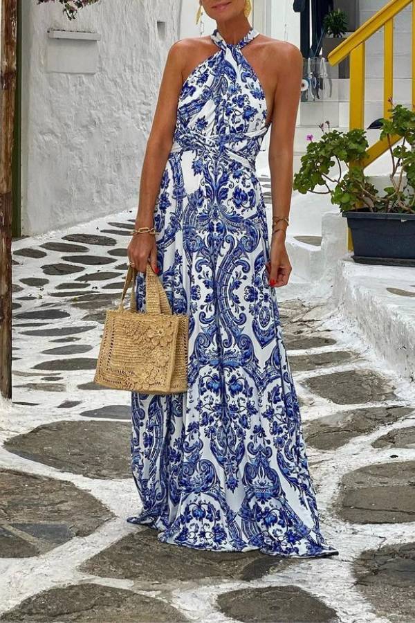Halter Neck Blue And White Porcelain Print Flare Maxi Dress