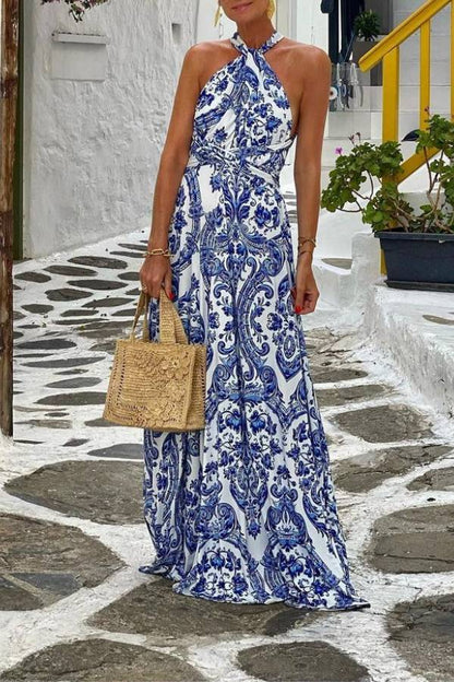 Halter Neck Blue And White Porcelain Print Flare Maxi Dress