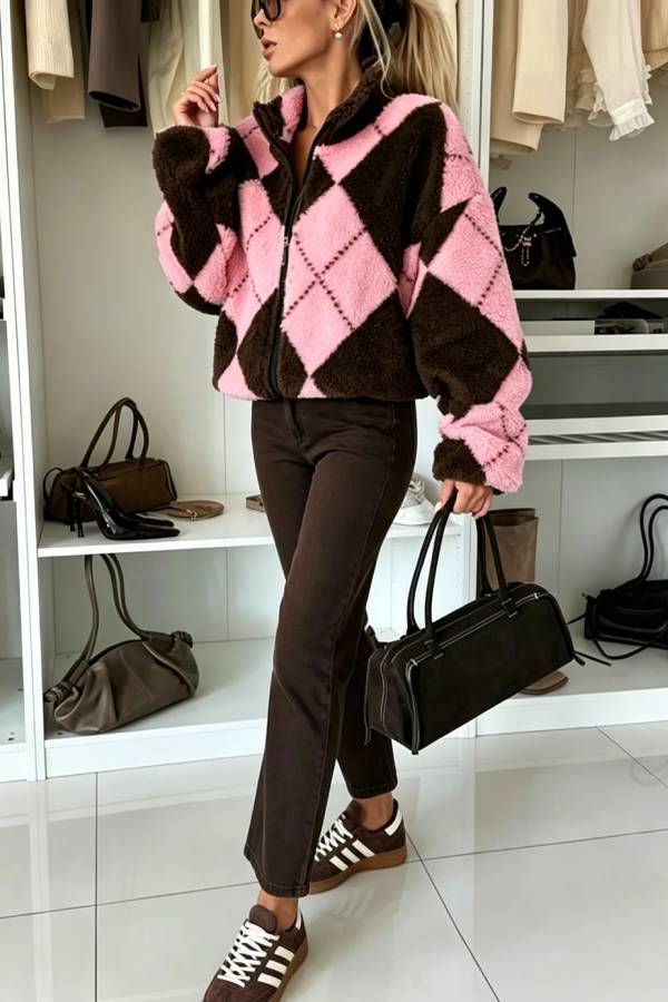 Rhomboid Geometric Pattern Teddy Bear Fleece Material Contrast Color Long Sleeve Pocket Zipper Coat