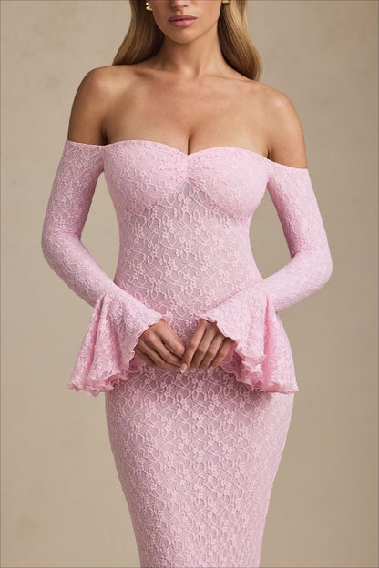 Sequin Off Shoulder Sweetheart Long Bell Sleeve Mermaid Formal Gown
