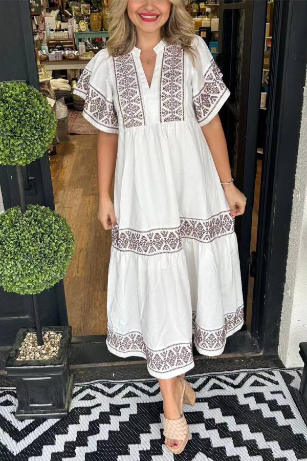 Multi-Color Ethnic Embroidered V-Neck Short Sleeve Tiered Midi Dress