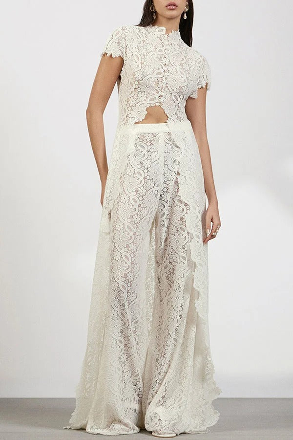 Elegance Avant-garde Floral Lace Short Sleeve High Low Top and High Rise Wide Leg Pants Set