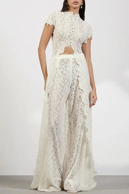 Elegance Avant-garde Floral Lace Short Sleeve High Low Top and High Rise Wide Leg Pants Set