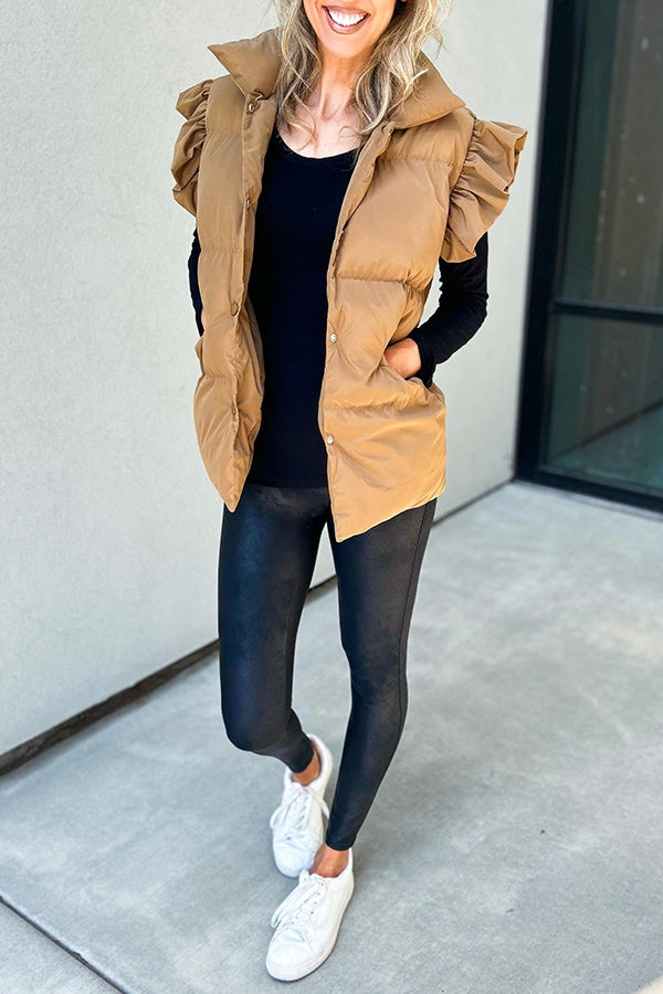 Casual stand-up collar, buttoned double pockets, flying ruffled sleeves vest