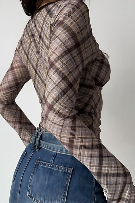 Deep V Neck Plaid Bodycon Cropped Long Sleeve Tee