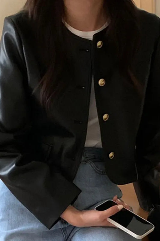 Retro O-Neck PU Leather Jacket