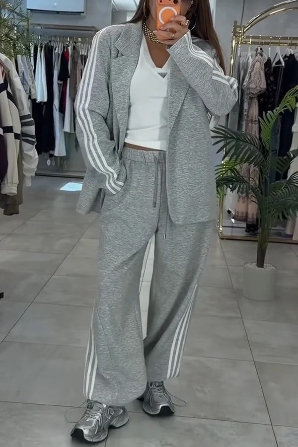 Fashionable Sporty Stripes Long Sleeve Oversized Blazer and Elastic Waist Pocket Jogger Set