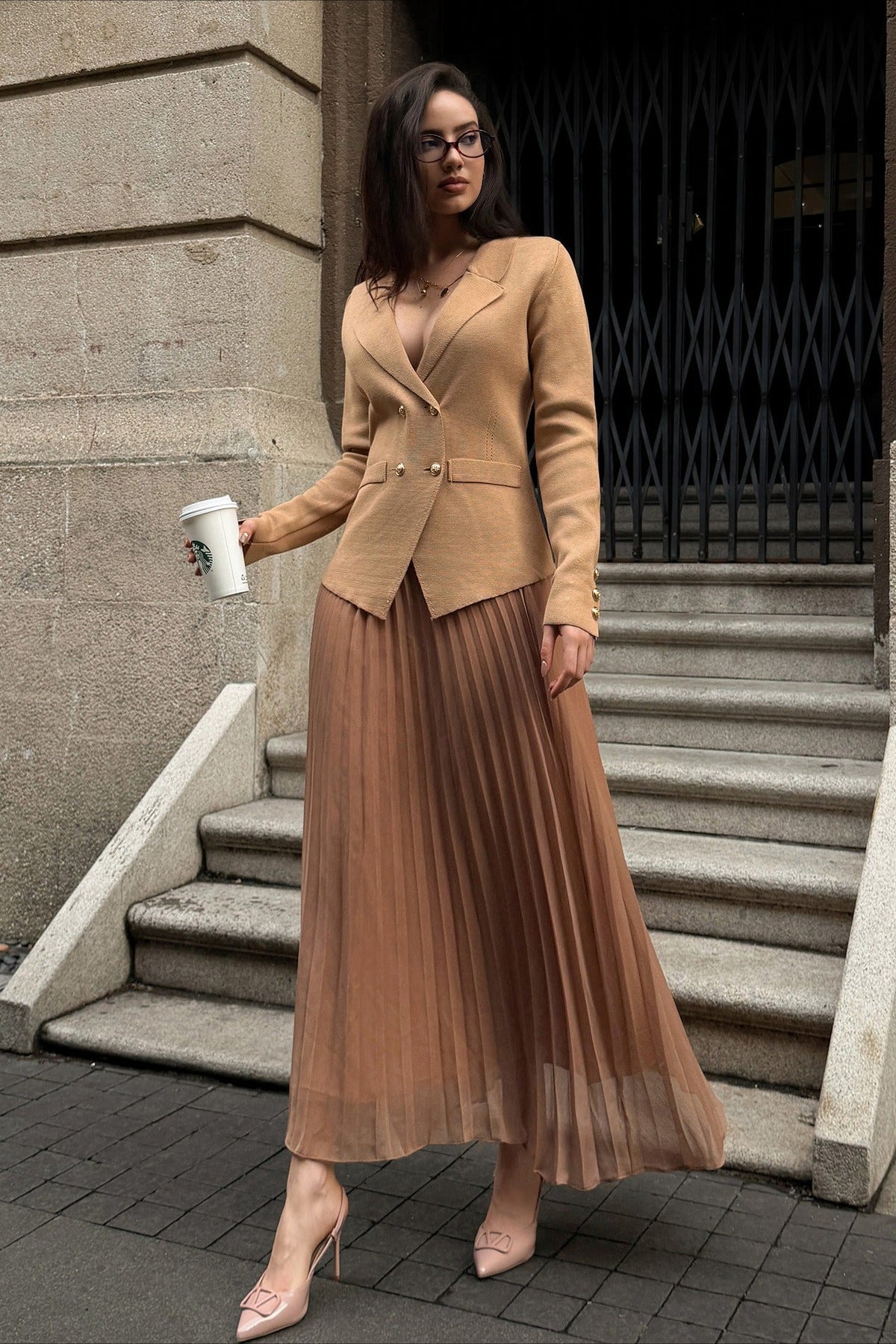 V Neck Double Breasted Knit Blazer Pleated Skirt Set