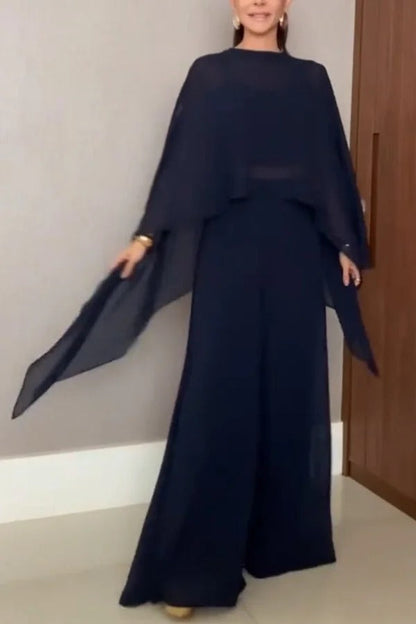 Veronica Chiffon Cape Flowing Top and Elastic Waist Wide-Leg Pants Set