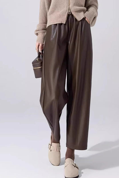 Slim PU Leather Elastic Waist Straight Pants