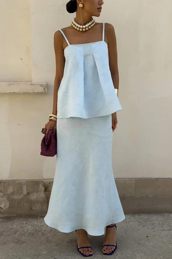 Linen Blend Loose Square Neck Camisole Top and Elegant Resort Maxi Skirt Set