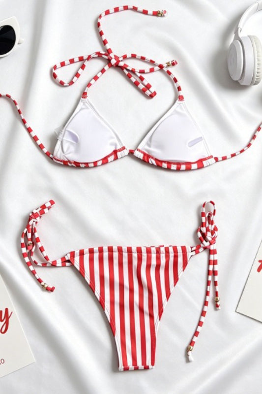 Retro Striped Print Triangle Tie Bikini Set