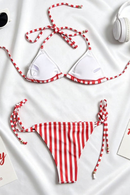 Retro Striped Print Triangle Tie Bikini Set