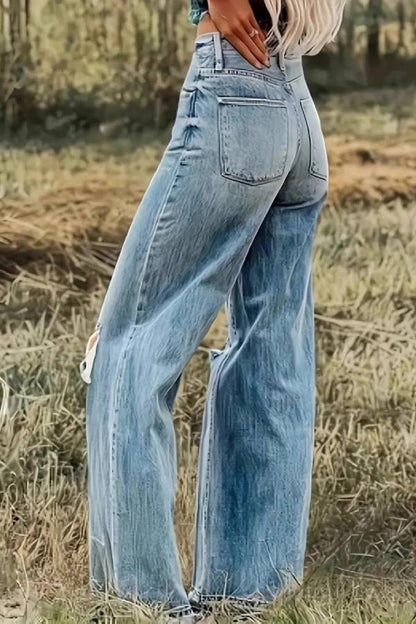 Light Blue Washed Distressed High-Waisted Wide-Leg Jeans